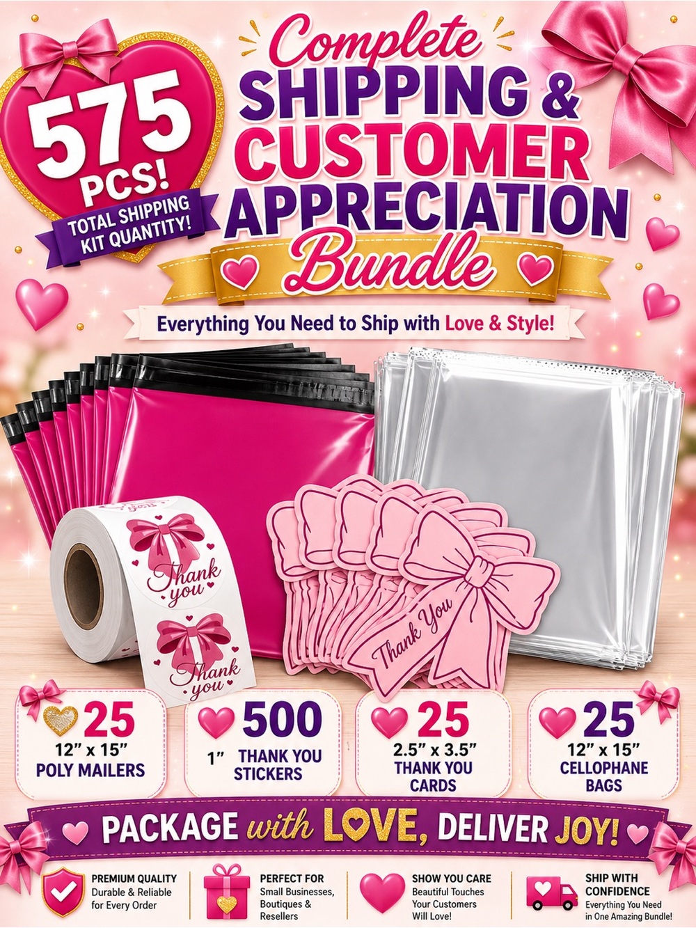 575pc Bundle: 25 Large Poly Mailers, 25 Cello Bags, 25 Cards & 500 Stickers - Picture 1 of 6